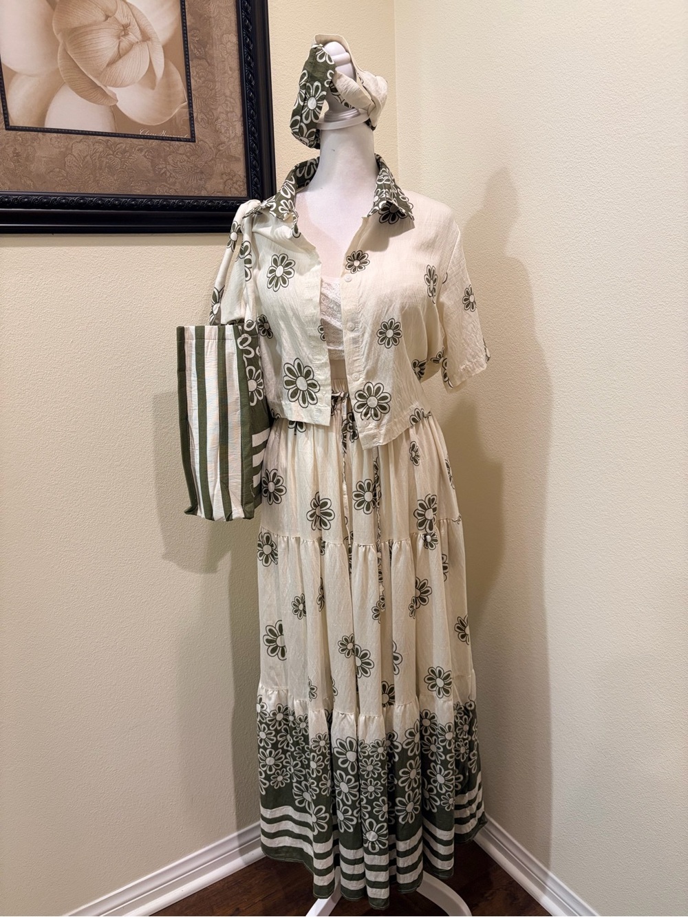 Double D, Cream and  Olive Floral Blouse and Maxi Skirt Coords Set,one size NWOT